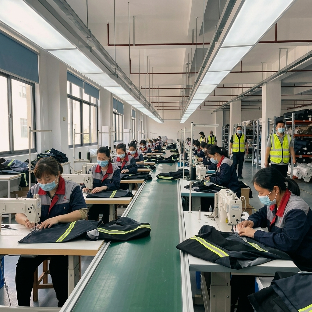 Factory workers sewing fishing apparel