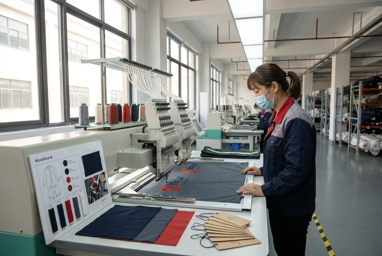 Industrial embroidery machine stitching a brand logo