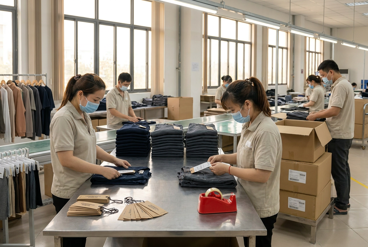 Garments folded, labeled and packed for global shipment