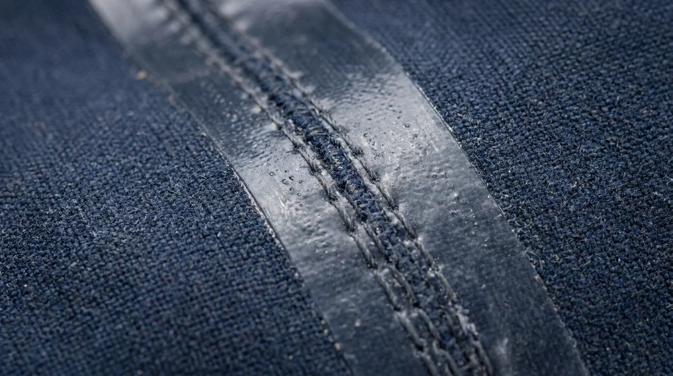 Fully taped waterproof seam construction closeup