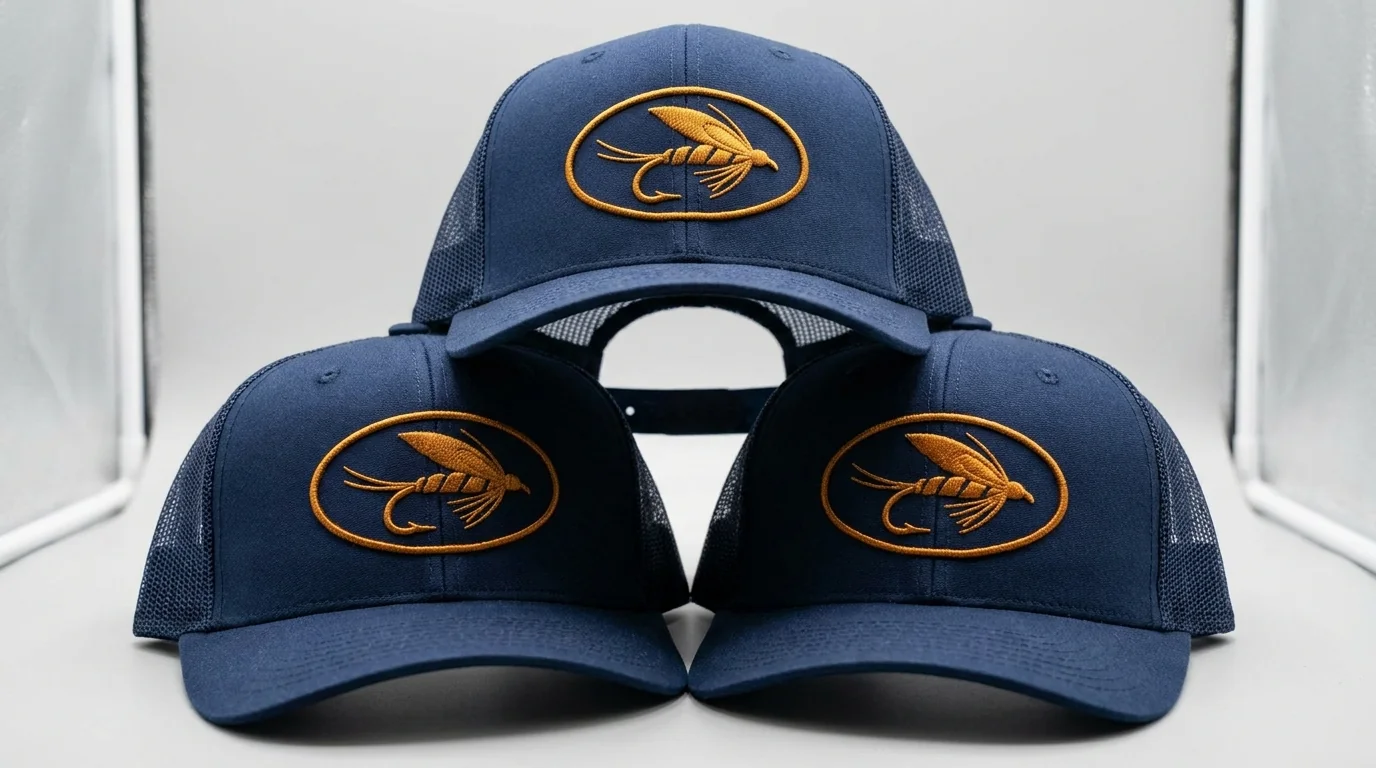 Embroidered custom trucker hats from a 200-piece fishing club bulk order