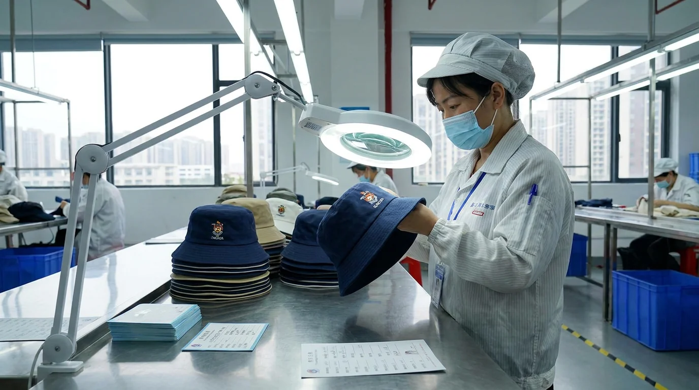 In-line quality inspection of finished custom fishing hats on the factory floor
