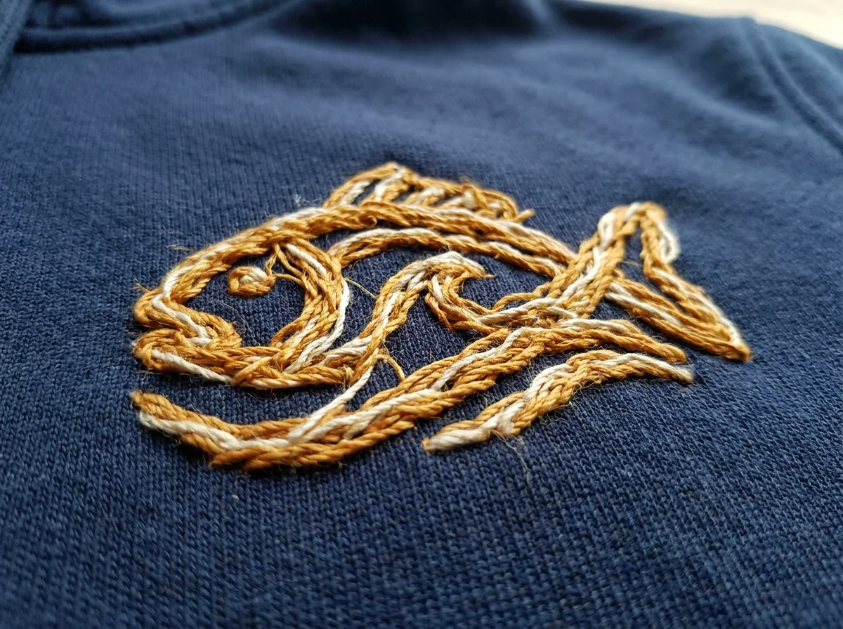 High-density logo embroidery on the chest of a custom fishing hoodie
