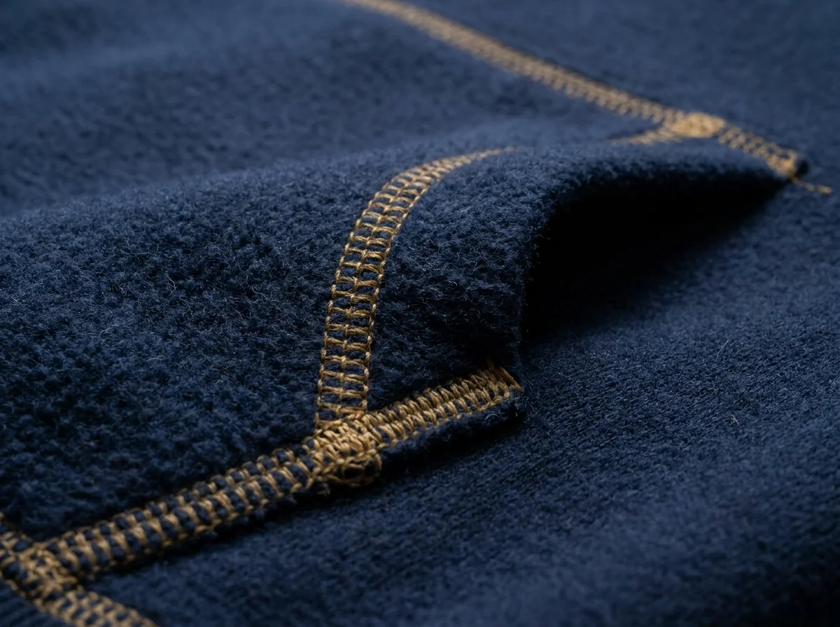 Close-up of kangaroo pocket stitching on a custom fishing hoodie