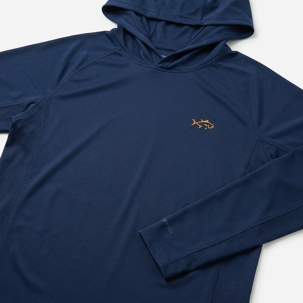 Performance custom fishing hoodie with UPF 50+ sun protection in flatlay