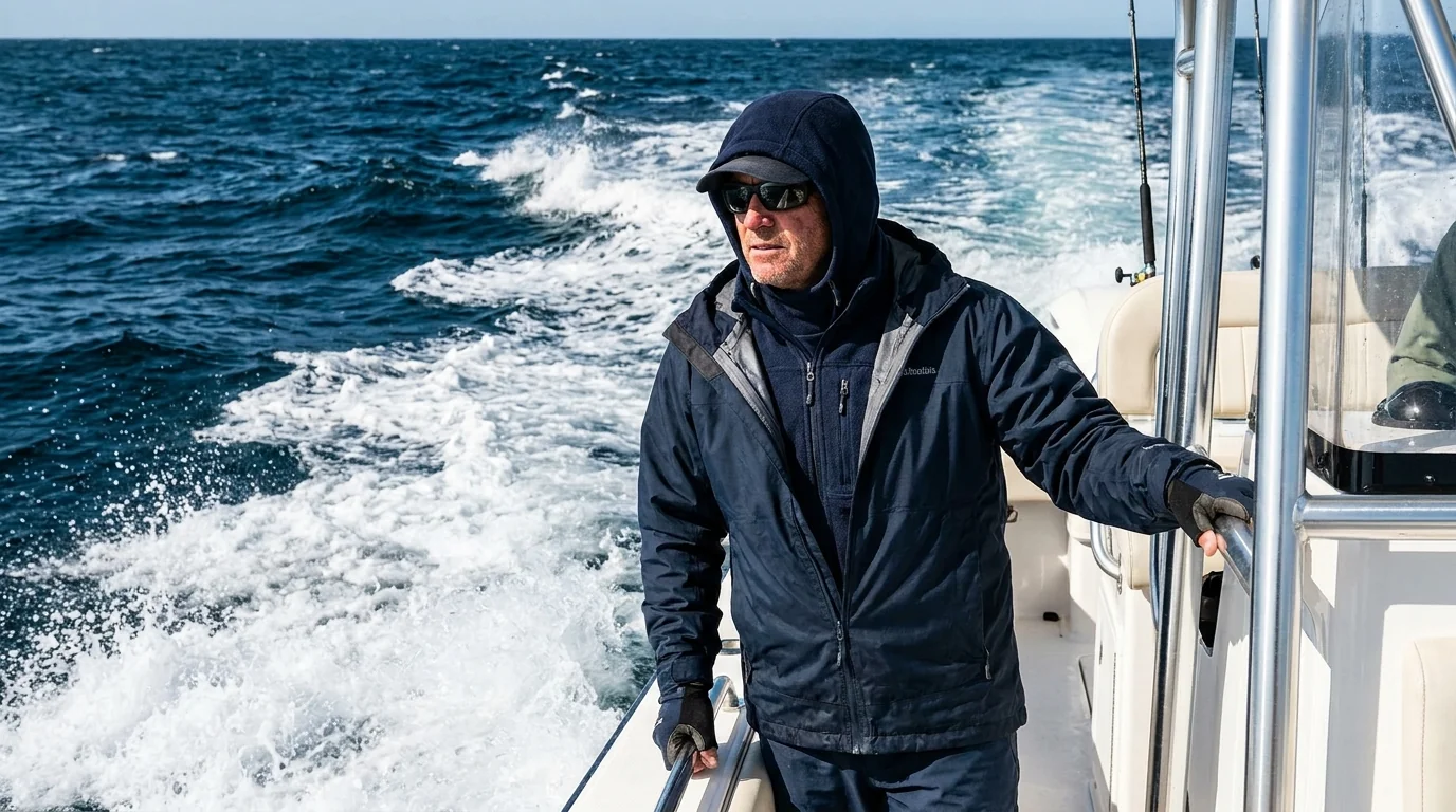Hoodie layered for protection on a boat ride across open water