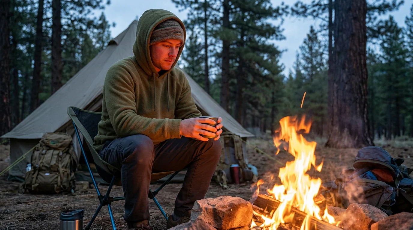 Fleece hoodie worn at an evening camping campfire