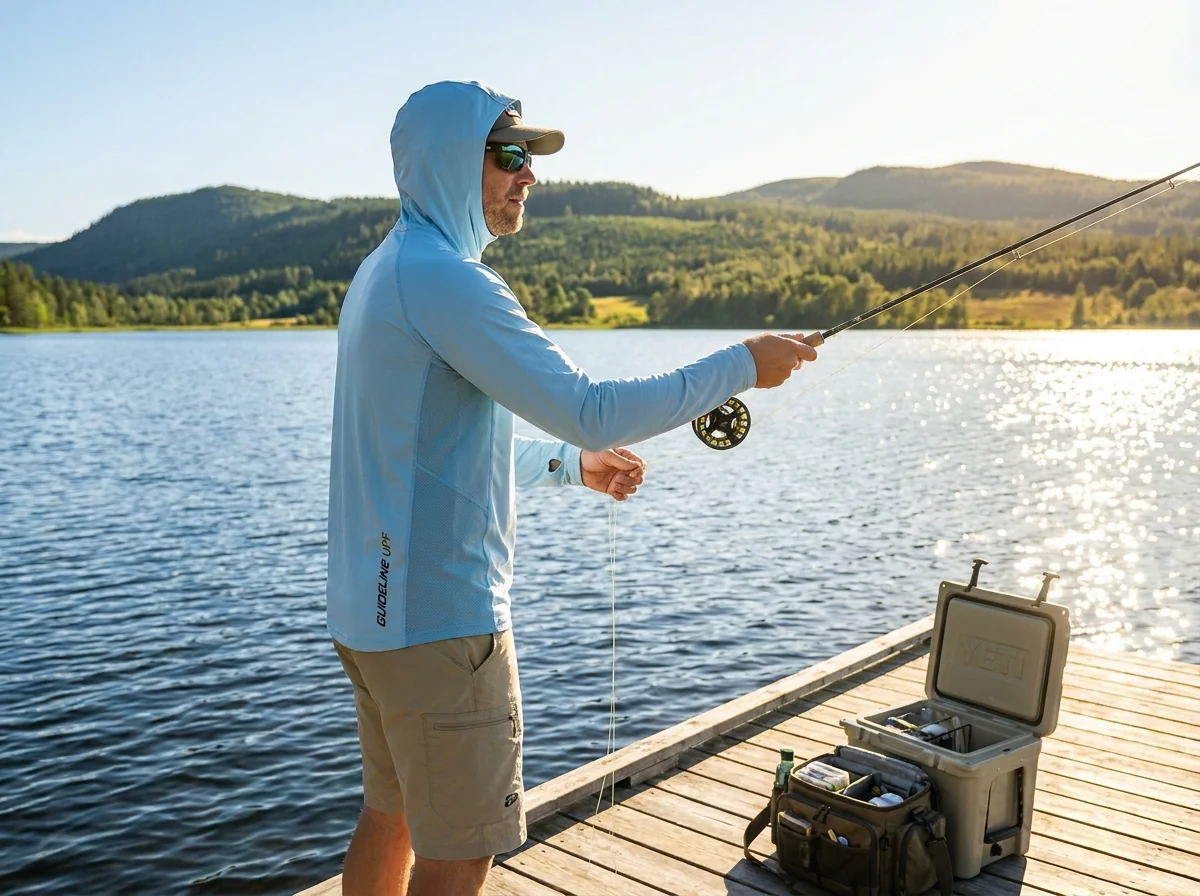 Summer fishing lifestyle scene with UPF hoodie at a lake