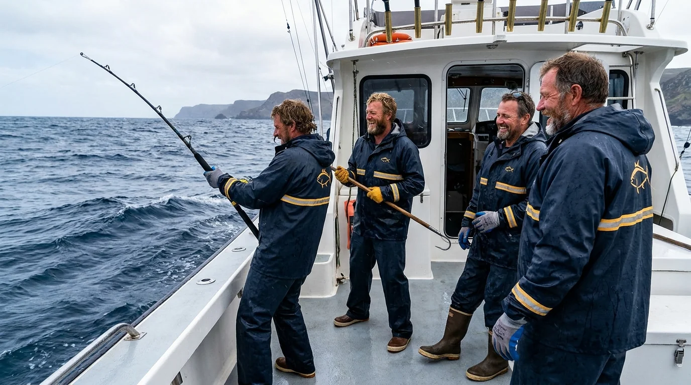 Offshore charter boat crew in matching branded waterproof jackets