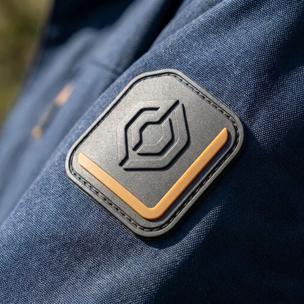 Three-dimensional TPU patch branding on a fishing jacket sleeve