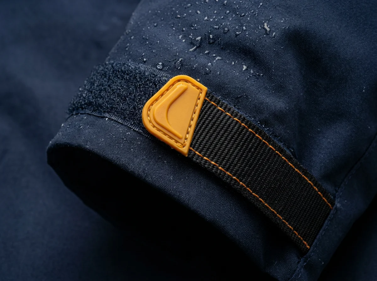 Velcro-closure adjustable cuff on a custom fishing jacket sleeve