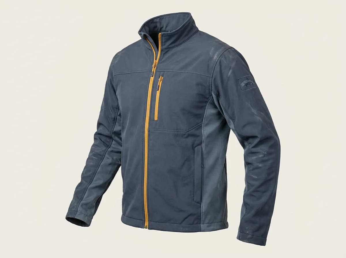 Softshell fishing jacket with stretch panels for active casting