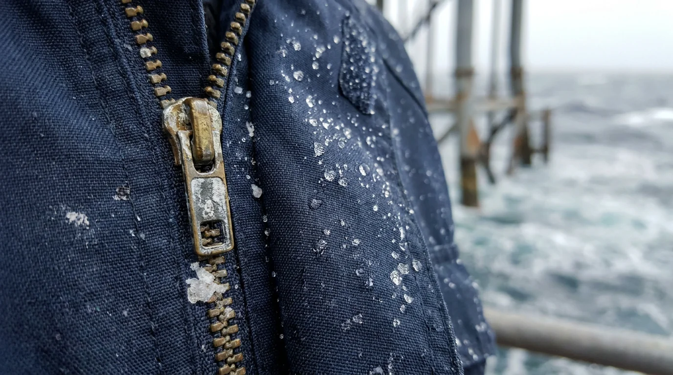 Saltwater spray on a corrosion-resistant fishing jacket panel and zipper