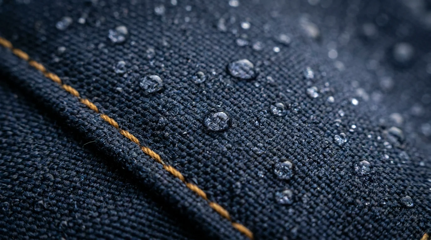DWR-treated fabric beading water on a durable jacket outer shell