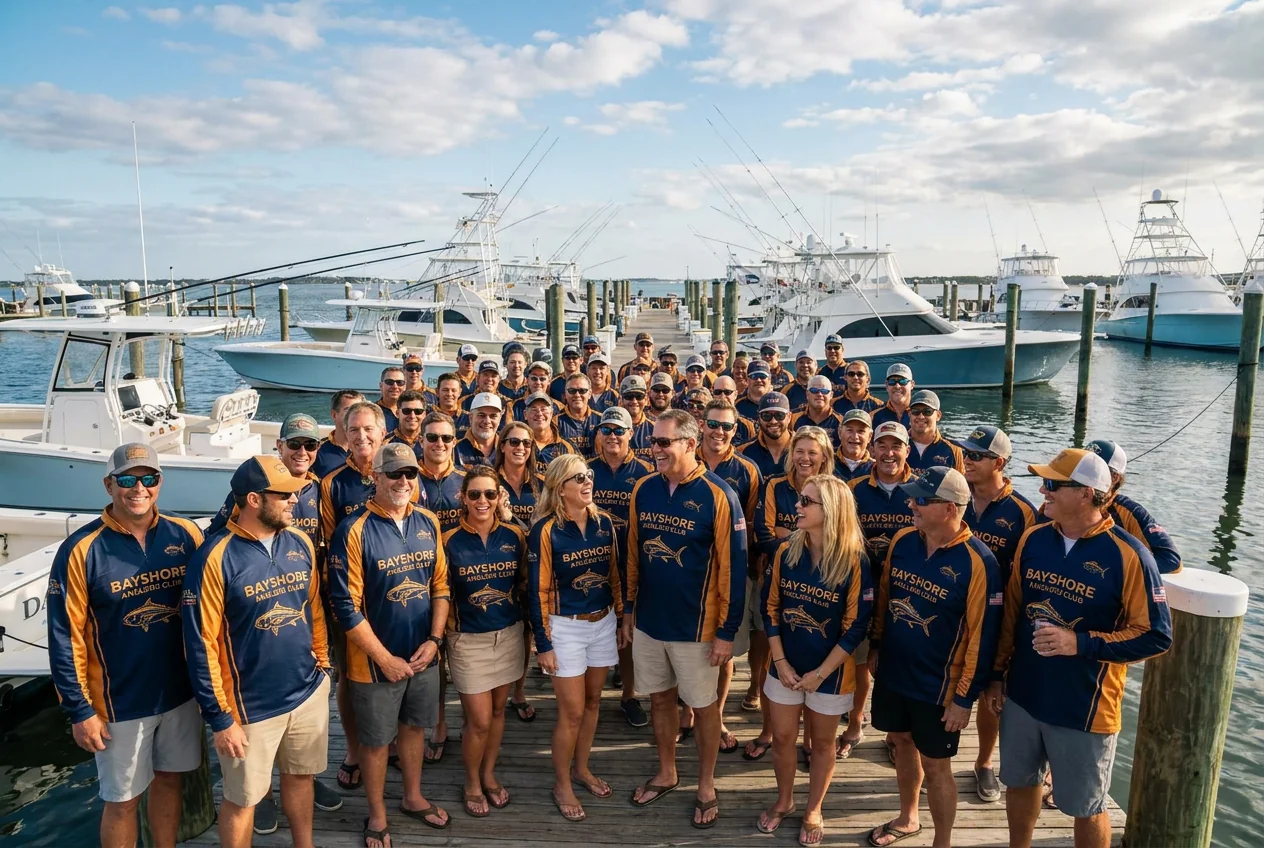 Fishing club gathering in unified jersey uniforms