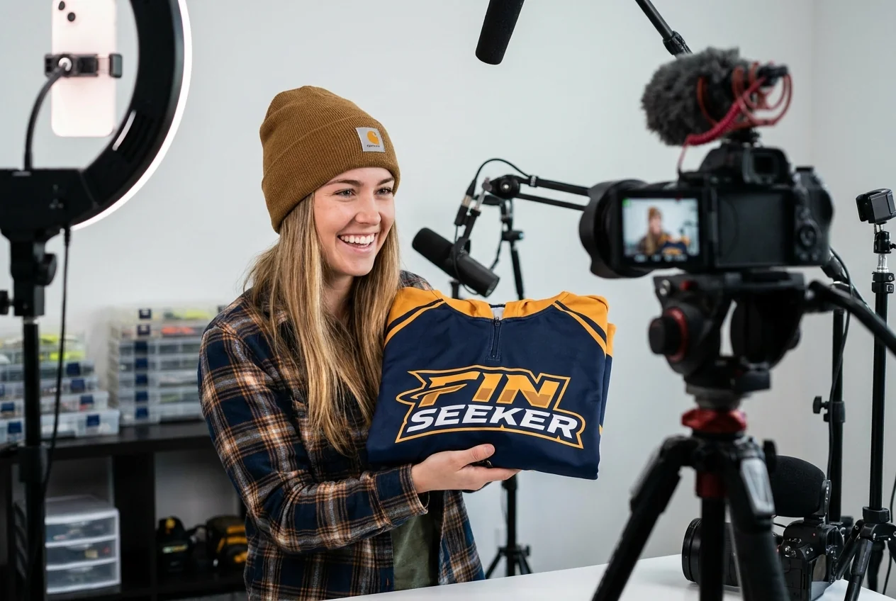Influencer launching personal jersey line in studio setup