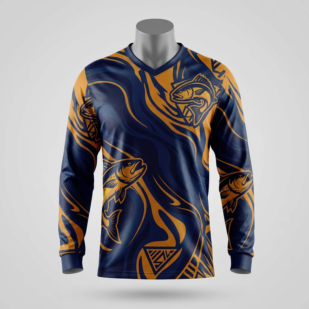 Long sleeve tournament fishing jersey with sublimated sponsor graphics