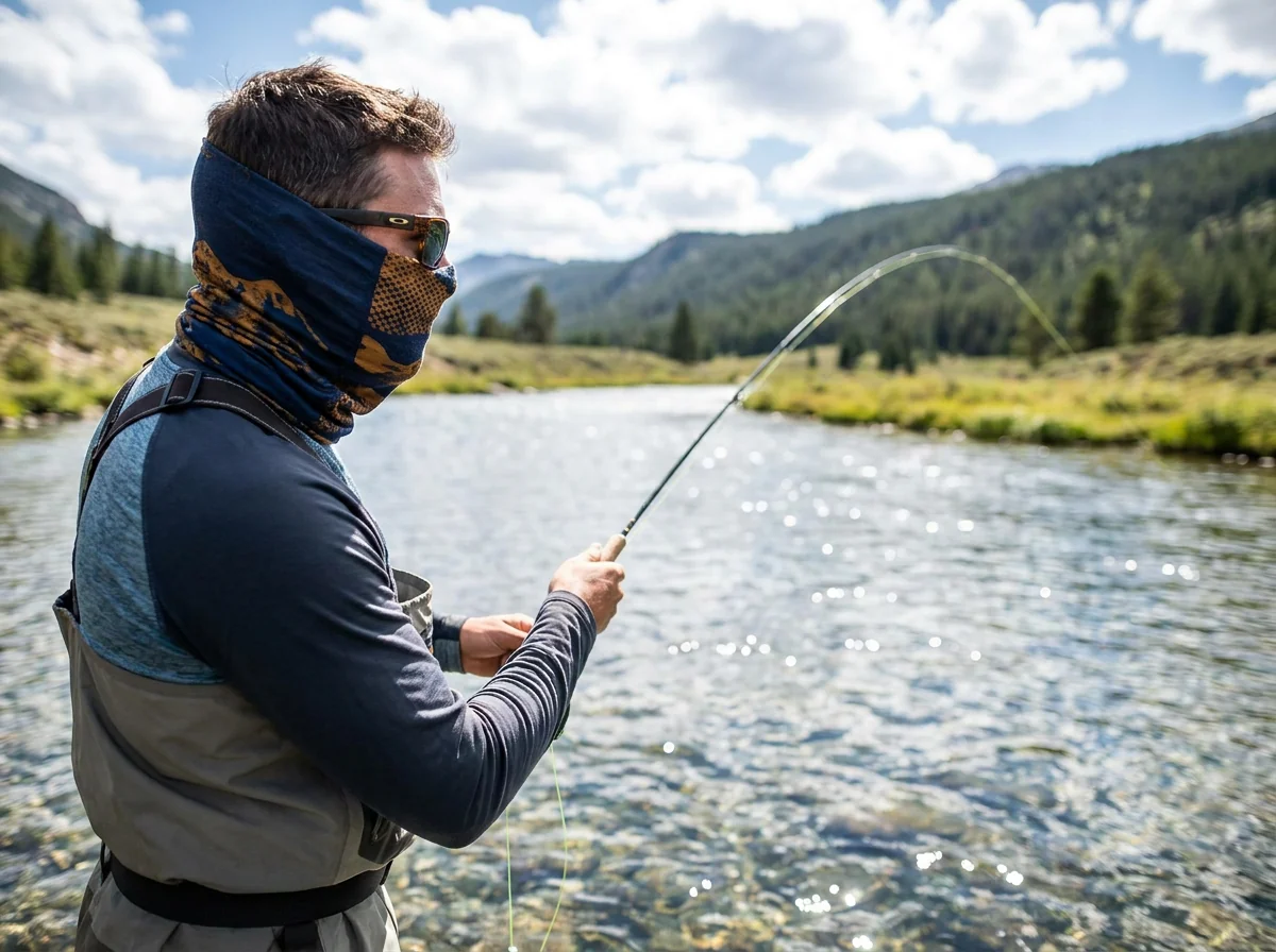 Custom UPF neck gaiter for fly fishing on a river