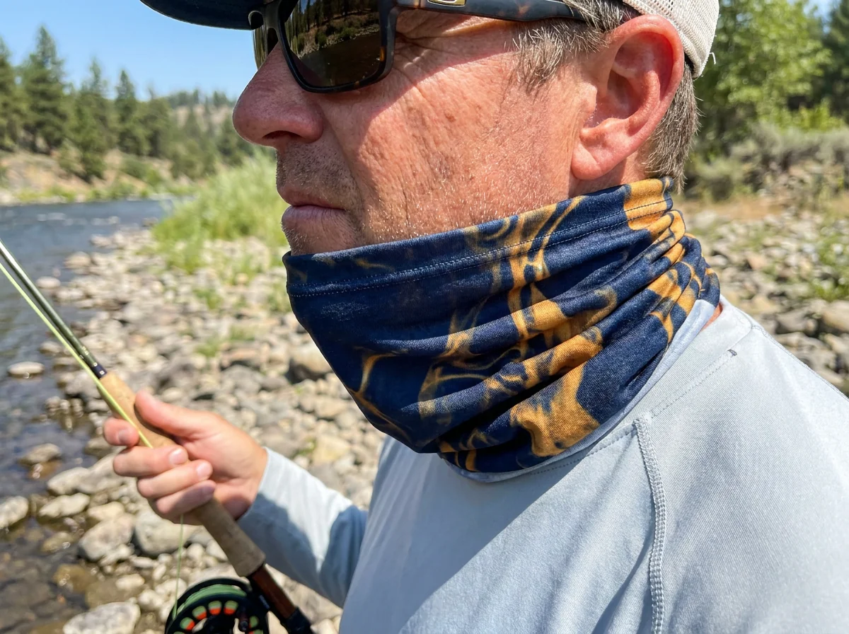 Fishing neck gaiter worn as a neck tube