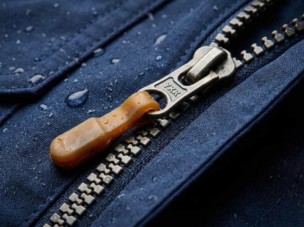 Macro shot of heavy-duty lockdown zipper on a fishing pants thigh pocket