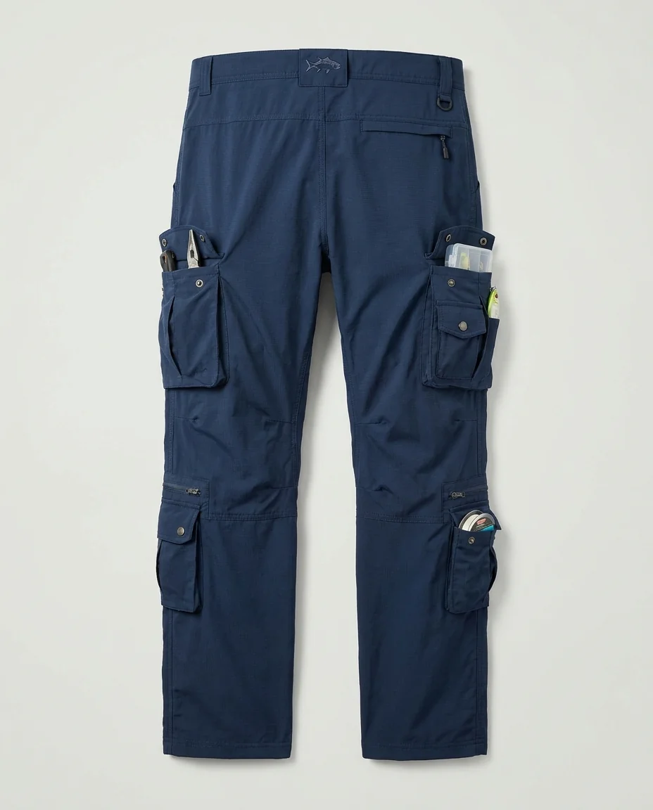 Custom cargo fishing pants with multi-pocket utility layout for tools and tackle