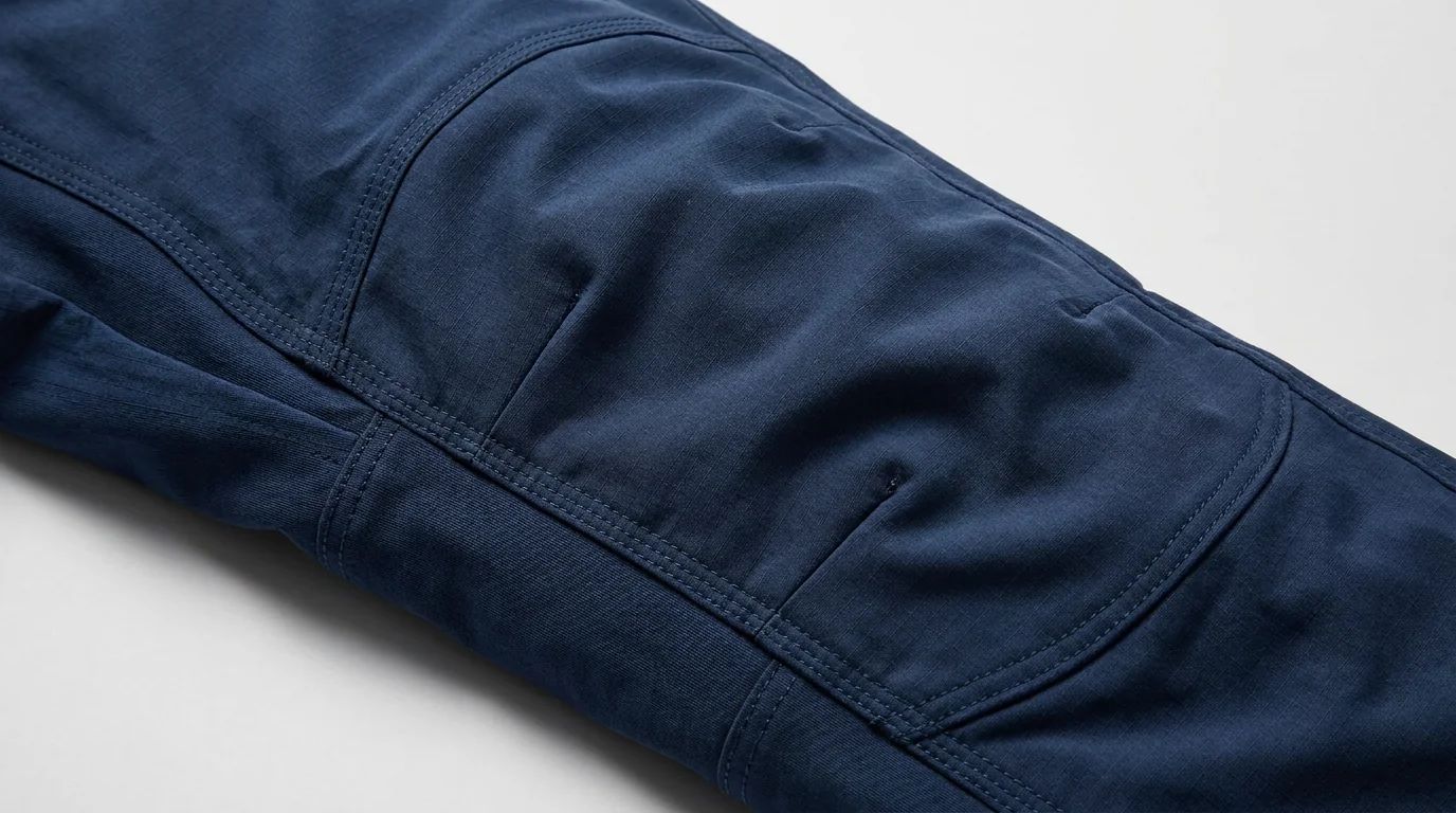 Articulated knee construction detail on custom fishing pants