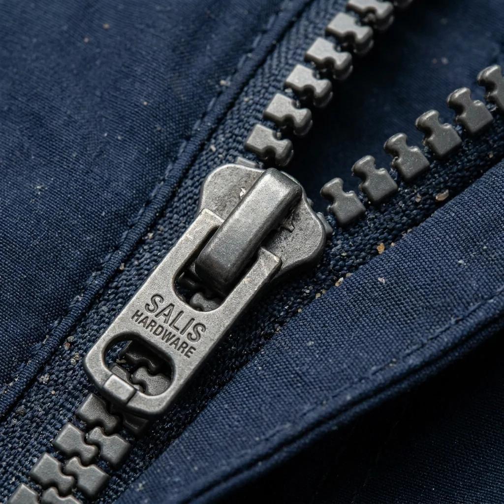 Industrial zipper hardware closeup on fishing shorts security pocket