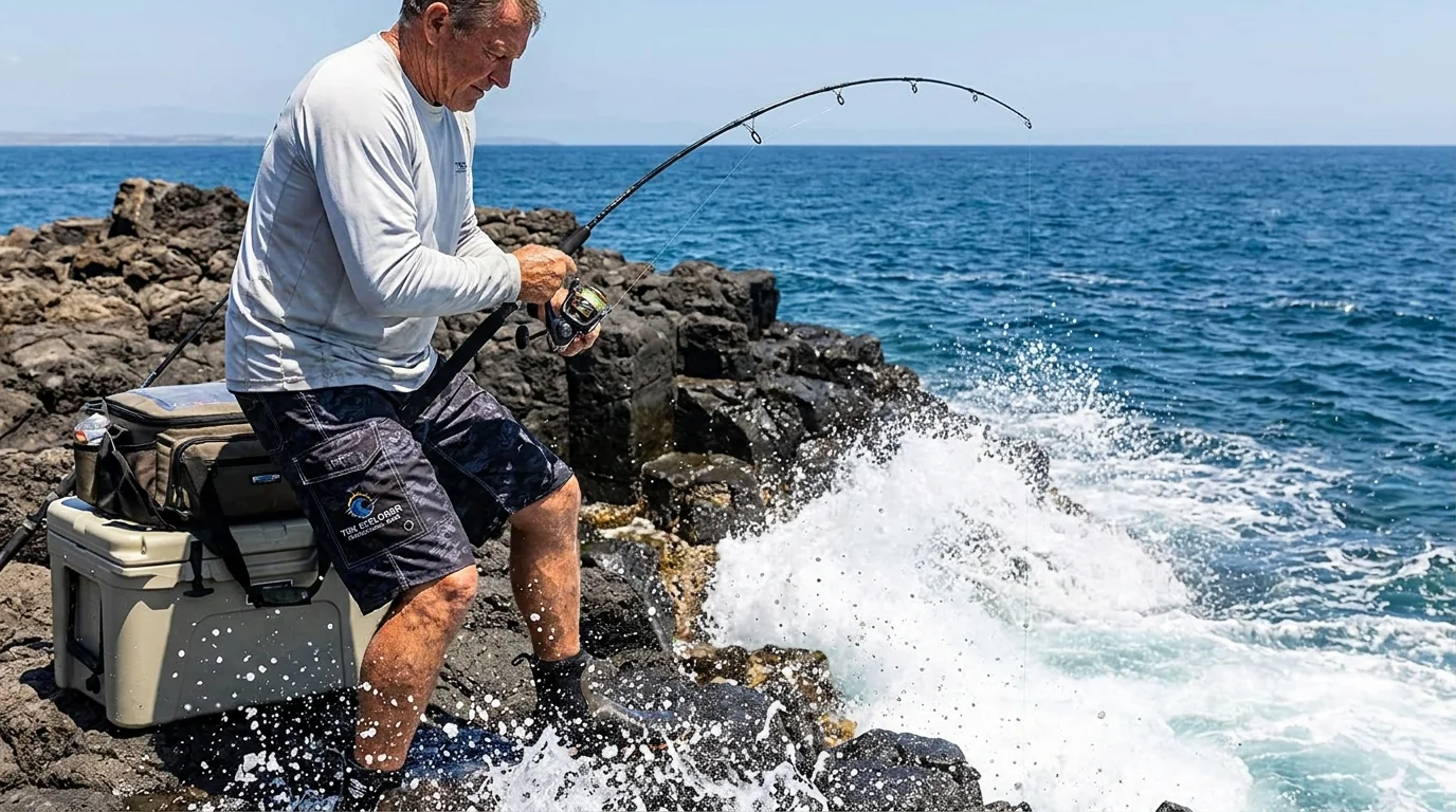 Saltwater fishing shore scene matching salt-resistant fishing shorts