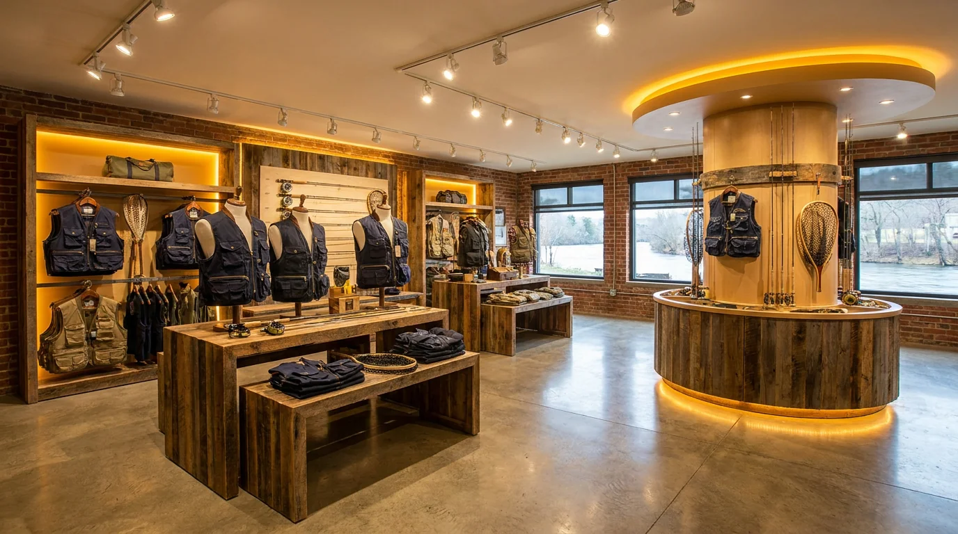 Fly fishing brand showroom display with custom vest collection