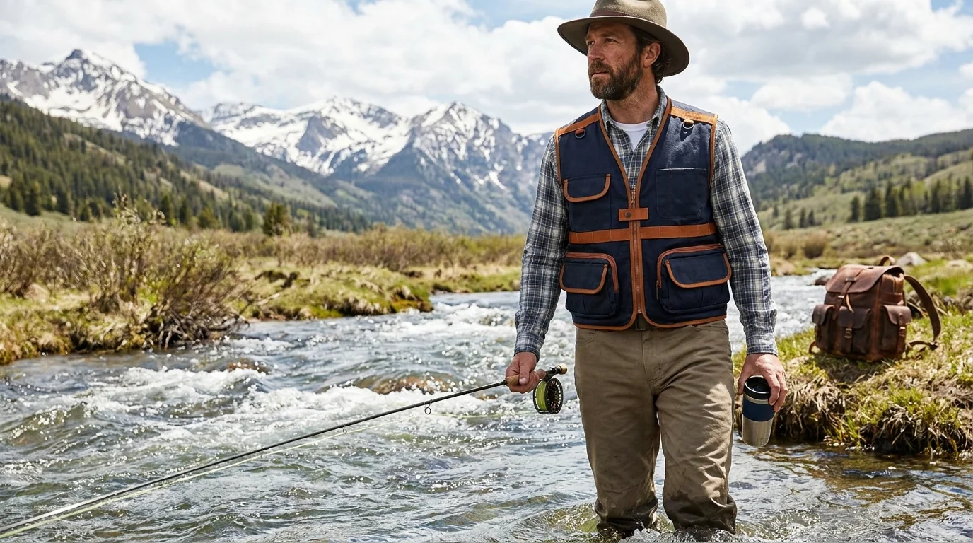 Outdoor lifestyle brand fishing vest in adventure setting