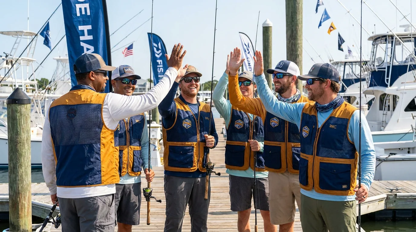 Fishing tournament team in matching sponsor-branded vests