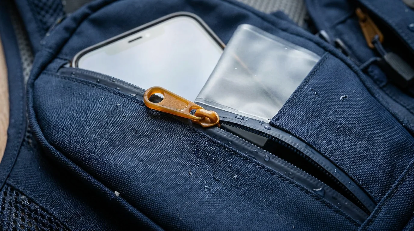 Waterproof-lined phone pocket with secure zipper on fishing vest