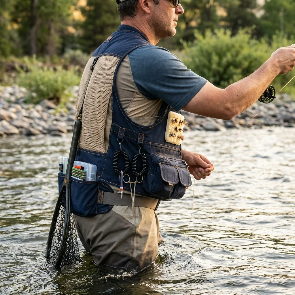 Custom fly fishing vest with sheep wool fly patch and retractor loops