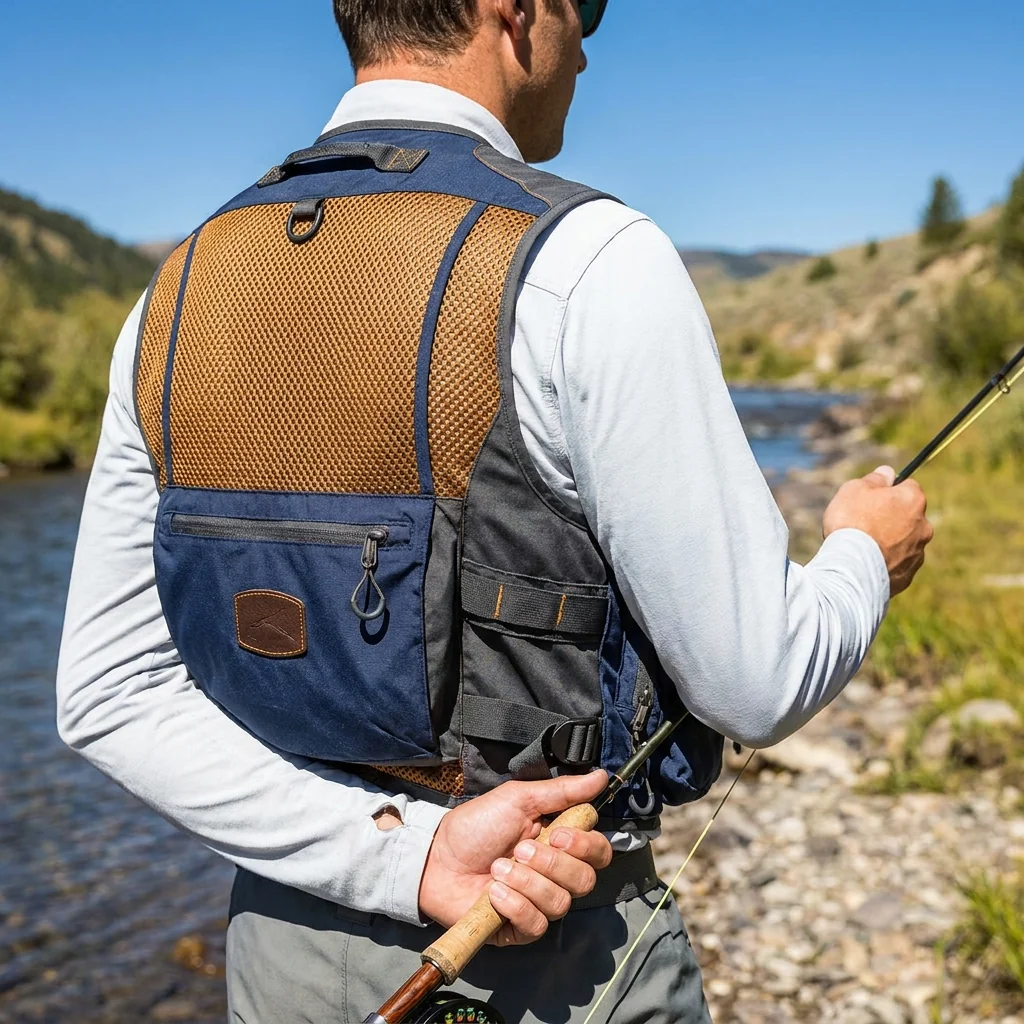 Lightweight mesh fishing vest with 360-degree airflow back panel