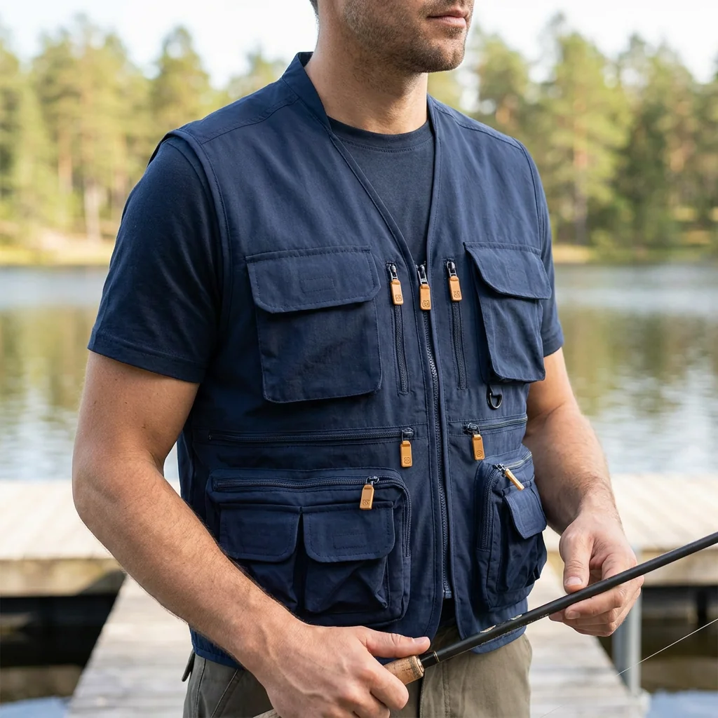 Multi-pocket private label fishing vest with branded zipper pullers