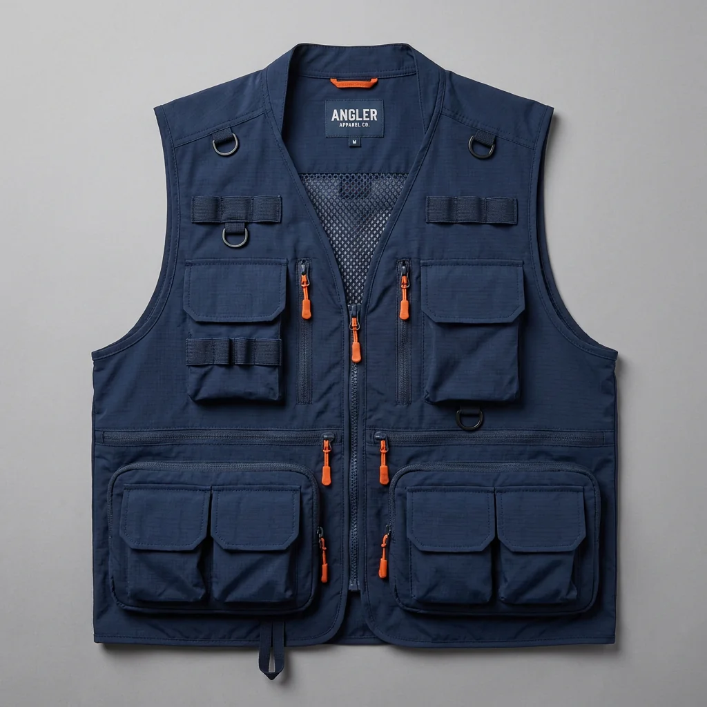 Utility fishing vest with 18 functional pockets and integrated tool loops