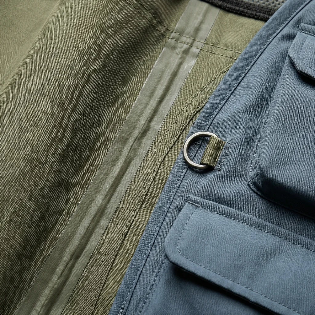 Close-up of fly fishing apparel construction detail