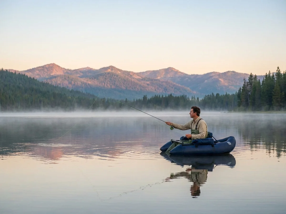 Lake stillwater fly fishing scenario with float-tube apparel