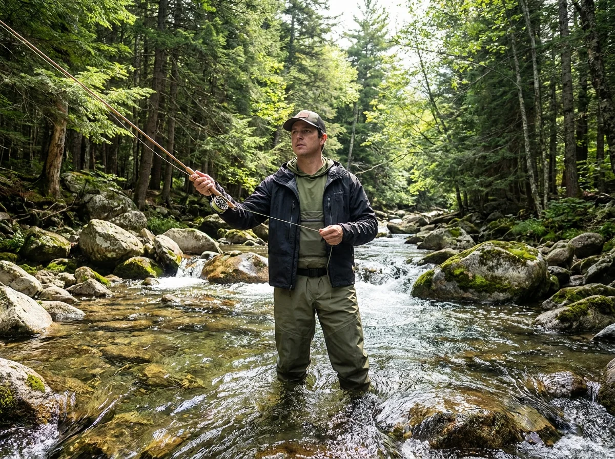 Mountain stream fly fishing scenario with technical wading apparel