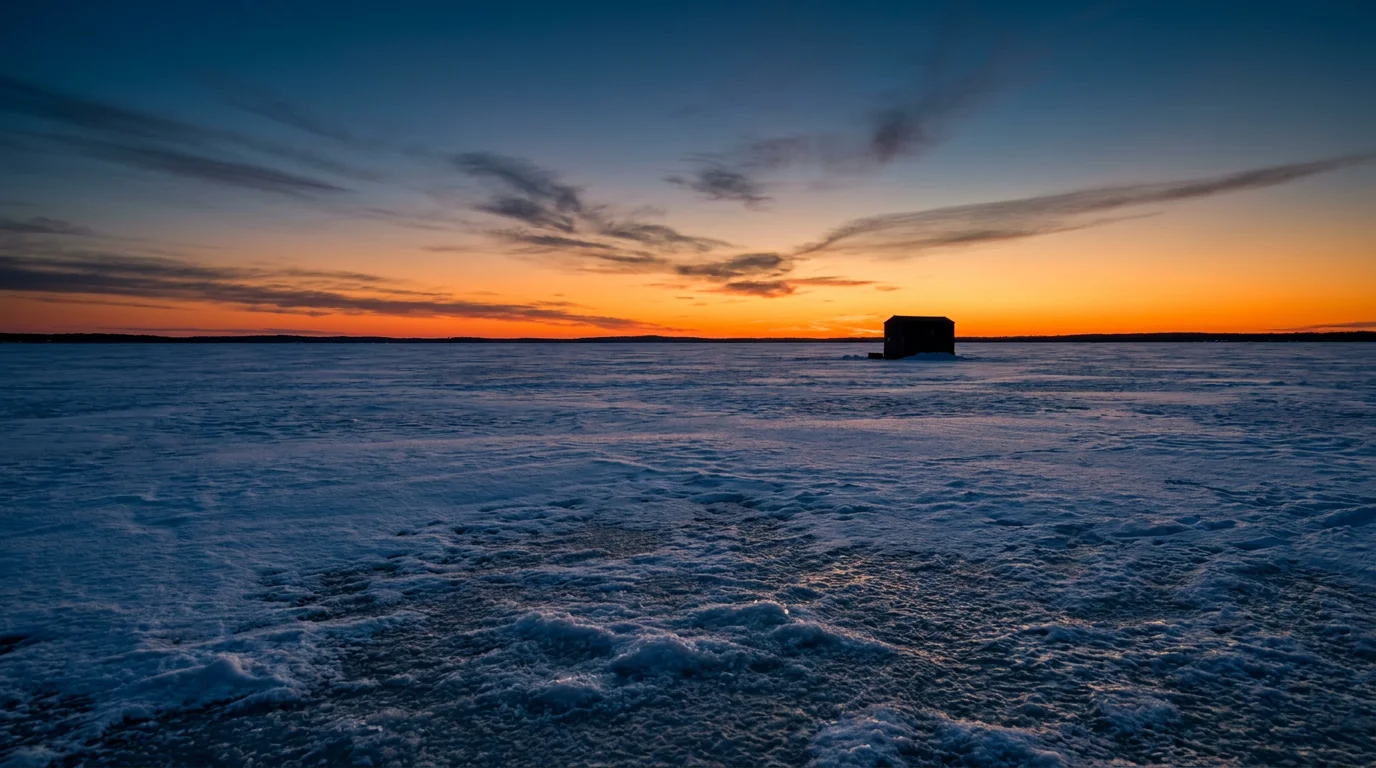 Frozen lake at sunset for ice fishing apparel CTA