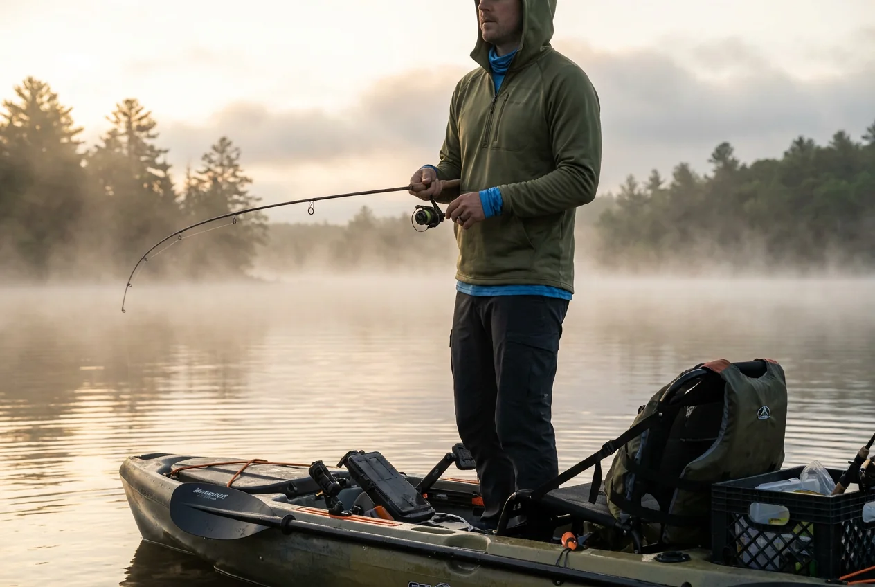 Cool-morning misty kayak fishing scenario with layering apparel
