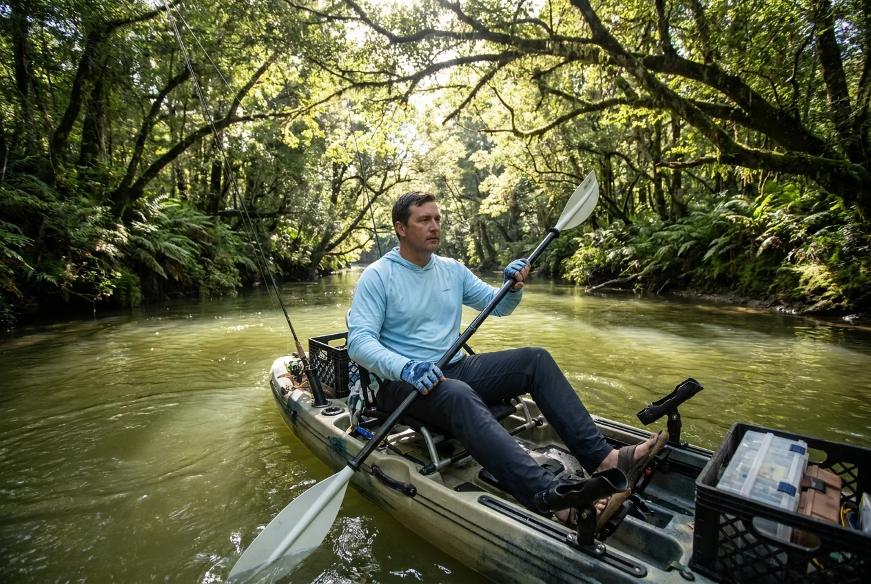 Slow-river kayak fishing scenario in green nature corridor