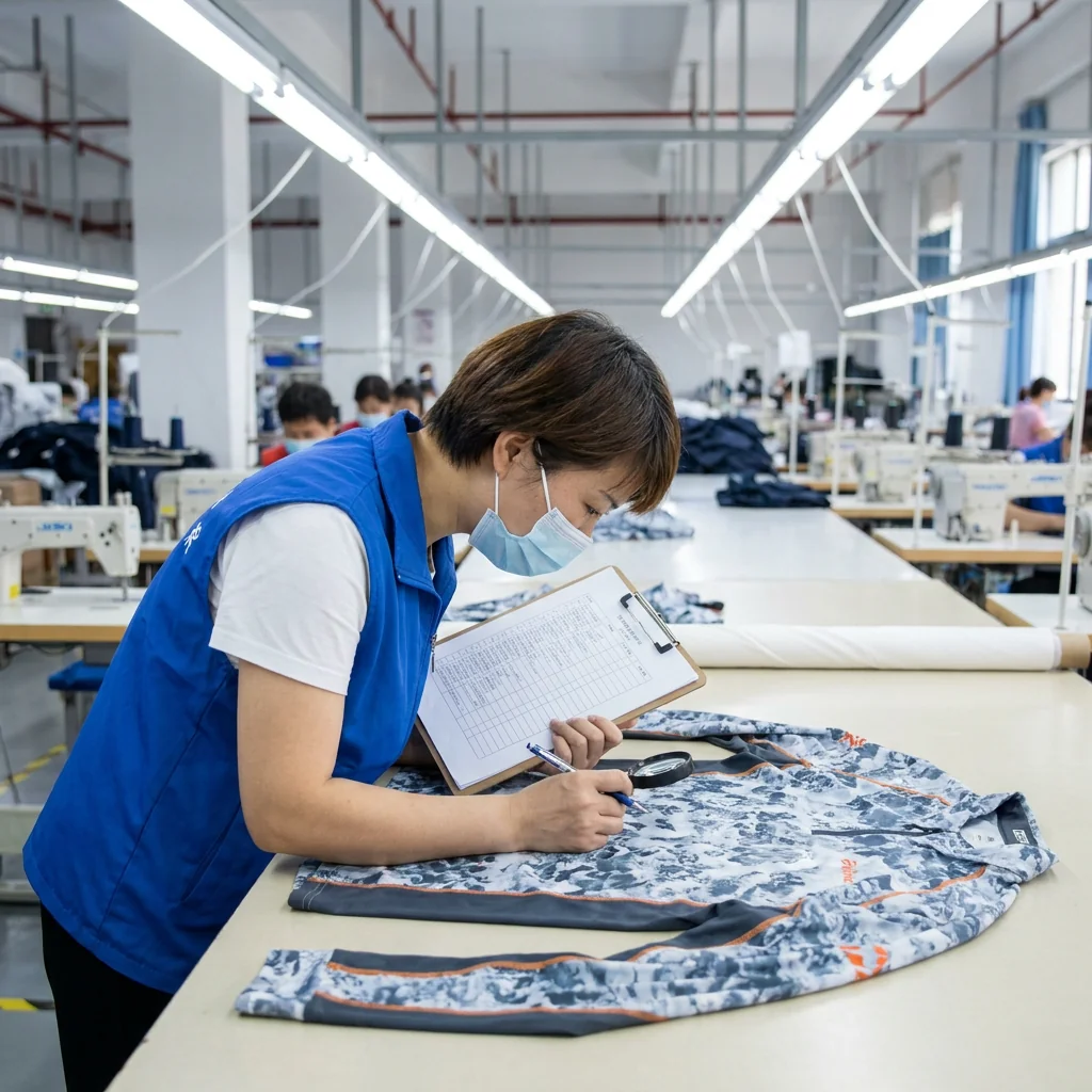 QC inspector verifying saltwater fishing apparel batch