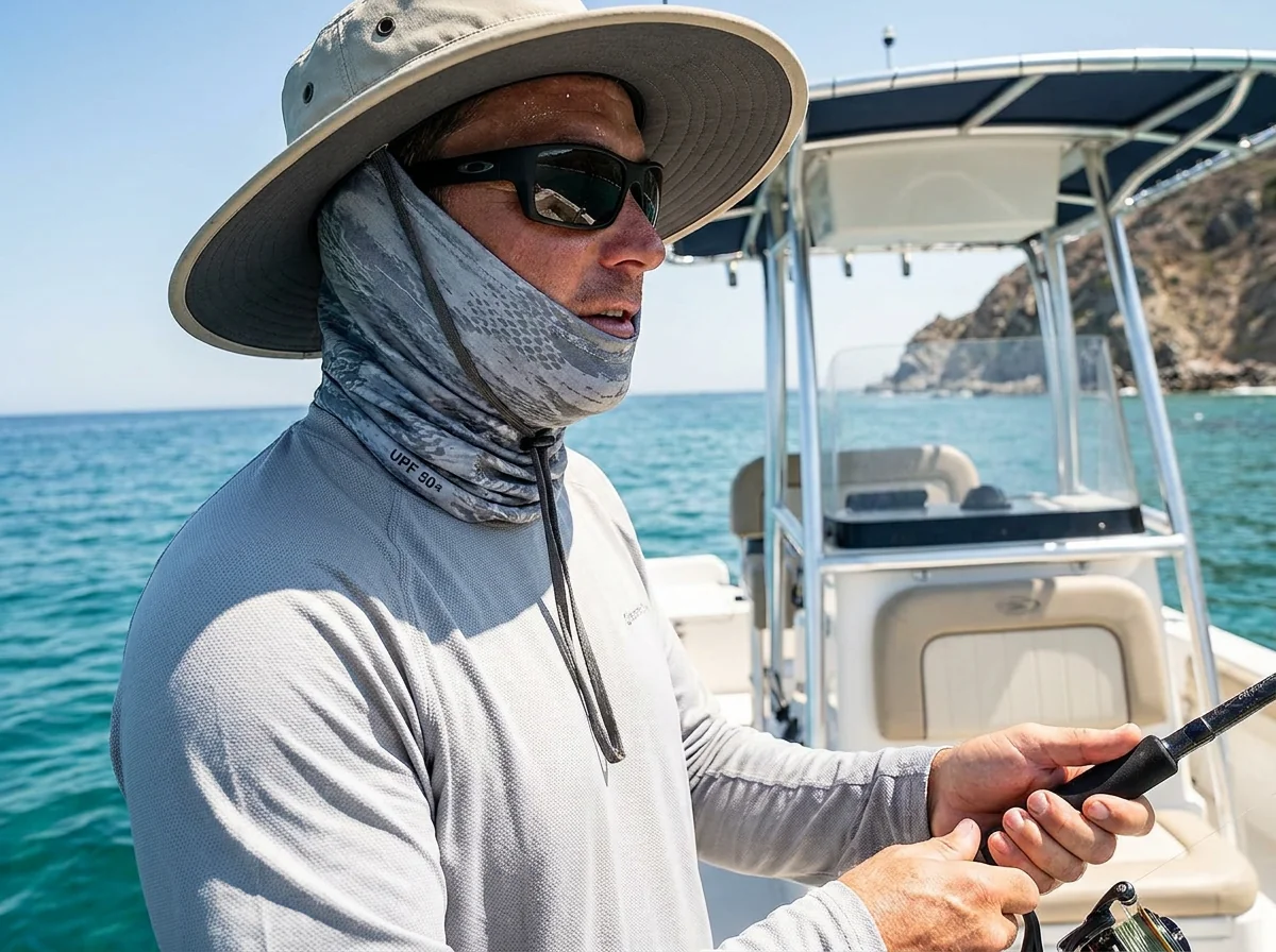 UPF neck gaiter covering throat chin and lower face for fishing brands